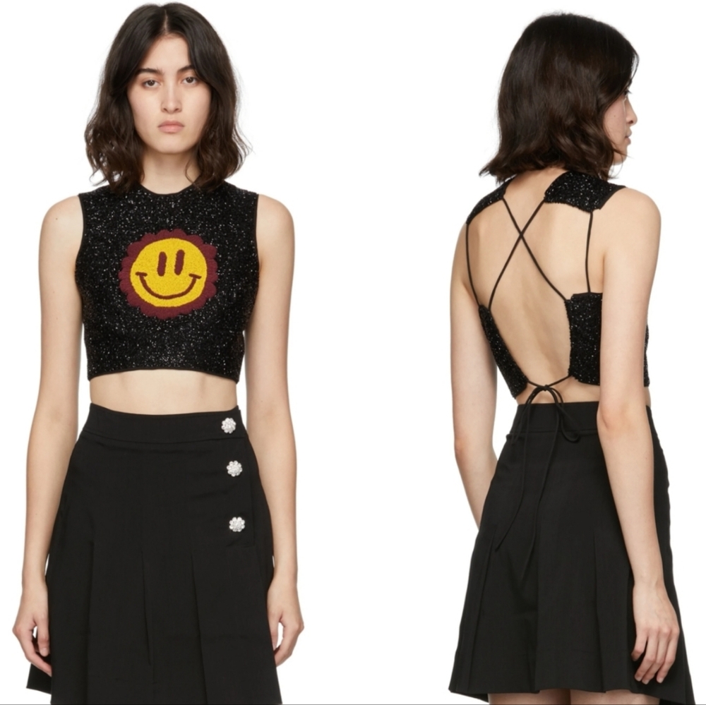 Ganni Black Sparkle Cropped Smiley Face Knit Top